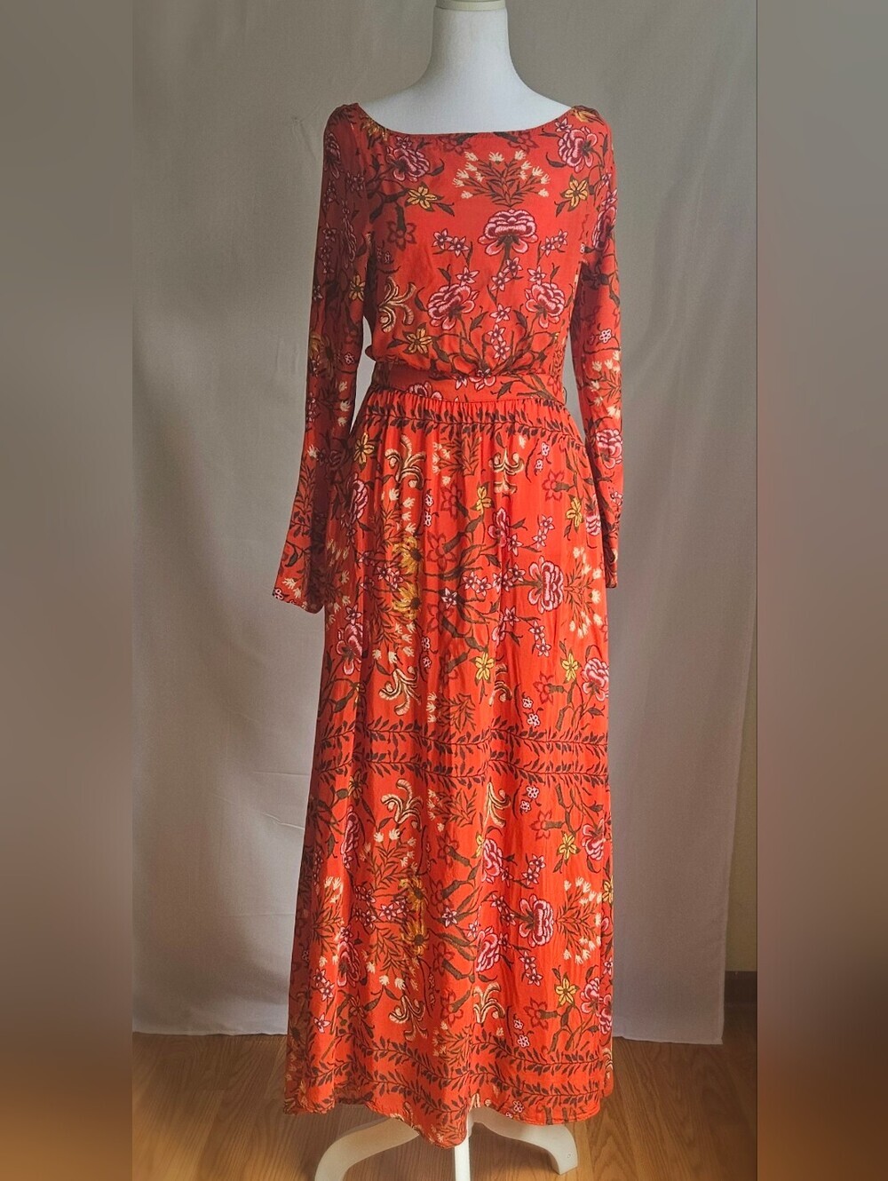LAIA Floral Maxi Dress Boho Cottagecore Long Sleeve Orange Size XS